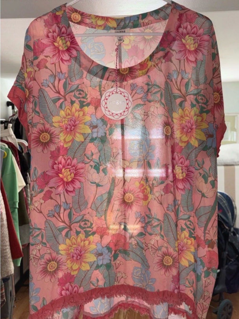 Umgee Sheer Pink Floral Short-Sleeve Tunic Top NWT sz M